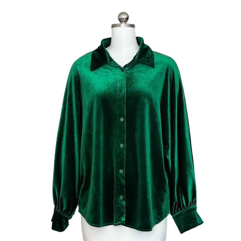 Ciebon Blouse Womens Size L Emerald Green Velvet Button Front Collared LS